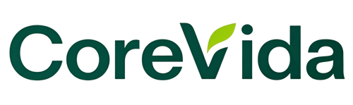 The CoreVida logo in dark green with a small light green leaf accent on the letter 'V', set against a plain white background.
