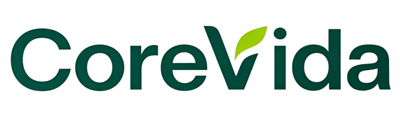 The CoreVida logo in dark green with a small light green leaf accent on the letter 'V', set against a plain white background.